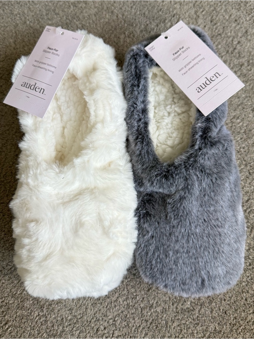 Auden Faux-Fur Slipper Socks - 2 NWT Pairs in Gray and Cream M/L Shoe Size 8-10